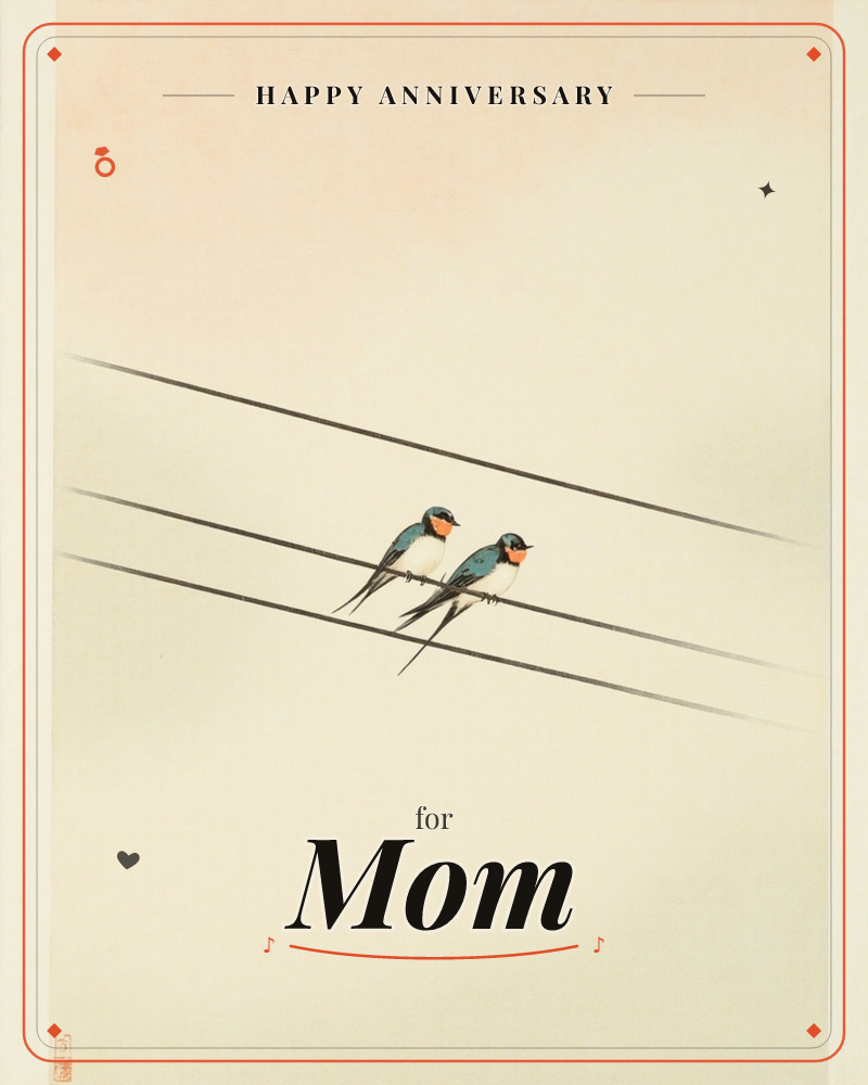 Two swallows with blue-black backs and rust-orange throats perch close together on a telephone wire, three more wires crossing the cream-toned sky in…, a anniversary e-card design