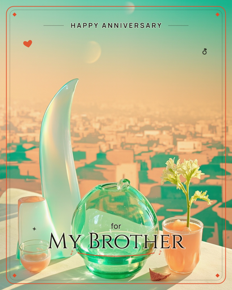A curved glass sculpture, a round green vase, and a small glass holding a single sprig of blossom are arranged on a rooftop ledge overlooking a hazy…, a anniversary e-card design