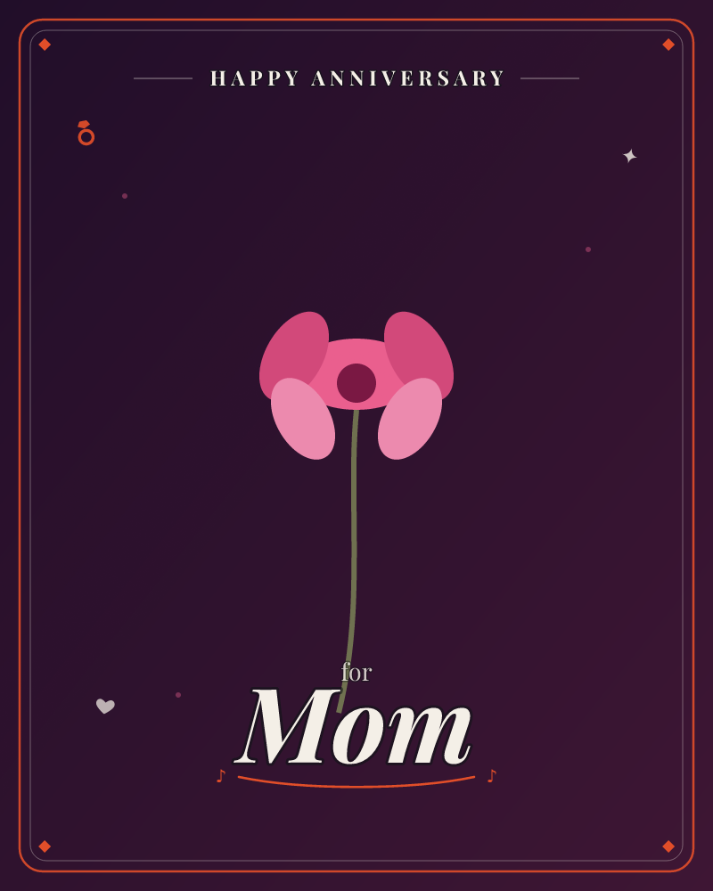 A single stylised flower with four rounded pink petals and a dark plum centre floats against a deep aubergine night sky, its thin curving stem trailing…, a anniversary e-card design by @DittyCityTeam