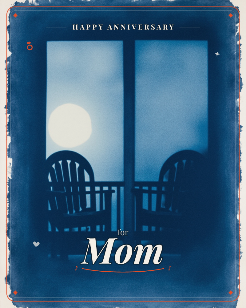 A cyanotype-style print shows two porch chairs silhouetted against a pair of tall windows, with a bright round moon glowing low in the left pane, a anniversary e-card design