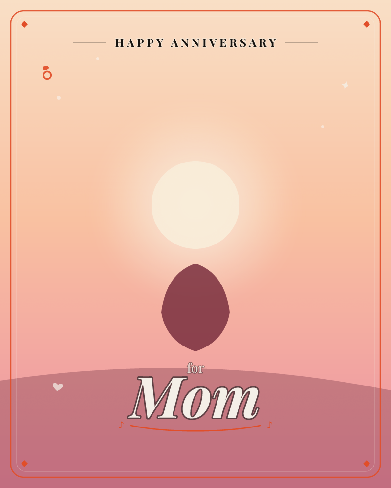 A glowing pale sun hangs low over a rounded hill, with a simple dark maroon leaf-like shape floating just beneath it, a anniversary e-card design by @DittyCityTeam