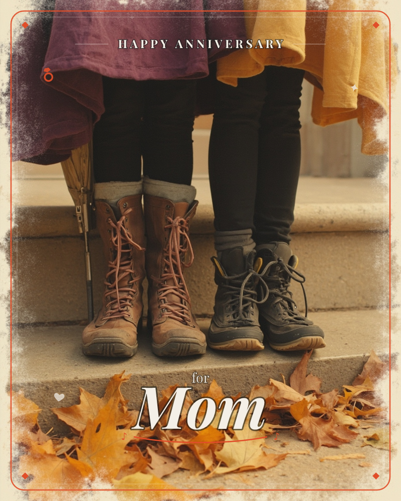 A close-up photograph shows two people standing side by side on stone steps, seen only from the knees down, one in laced brown boots and a plum skirt…, a anniversary e-card design