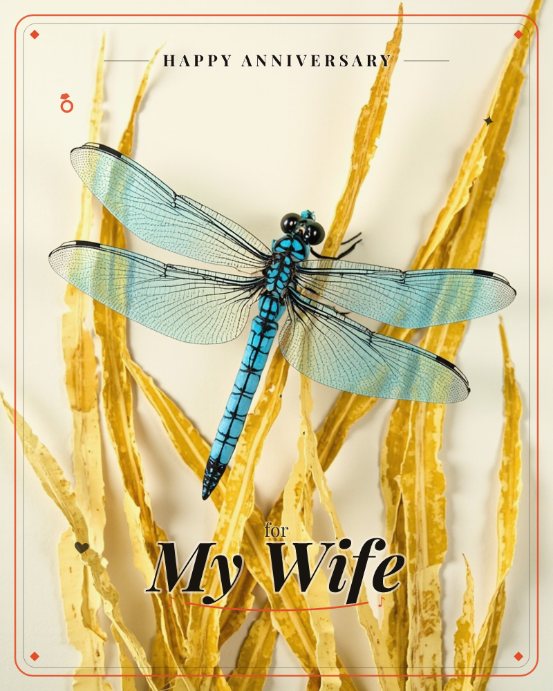 A vivid turquoise-blue dragonfly rests with wings outstretched atop a cluster of dried golden reeds and leaves, a anniversary e-card design
