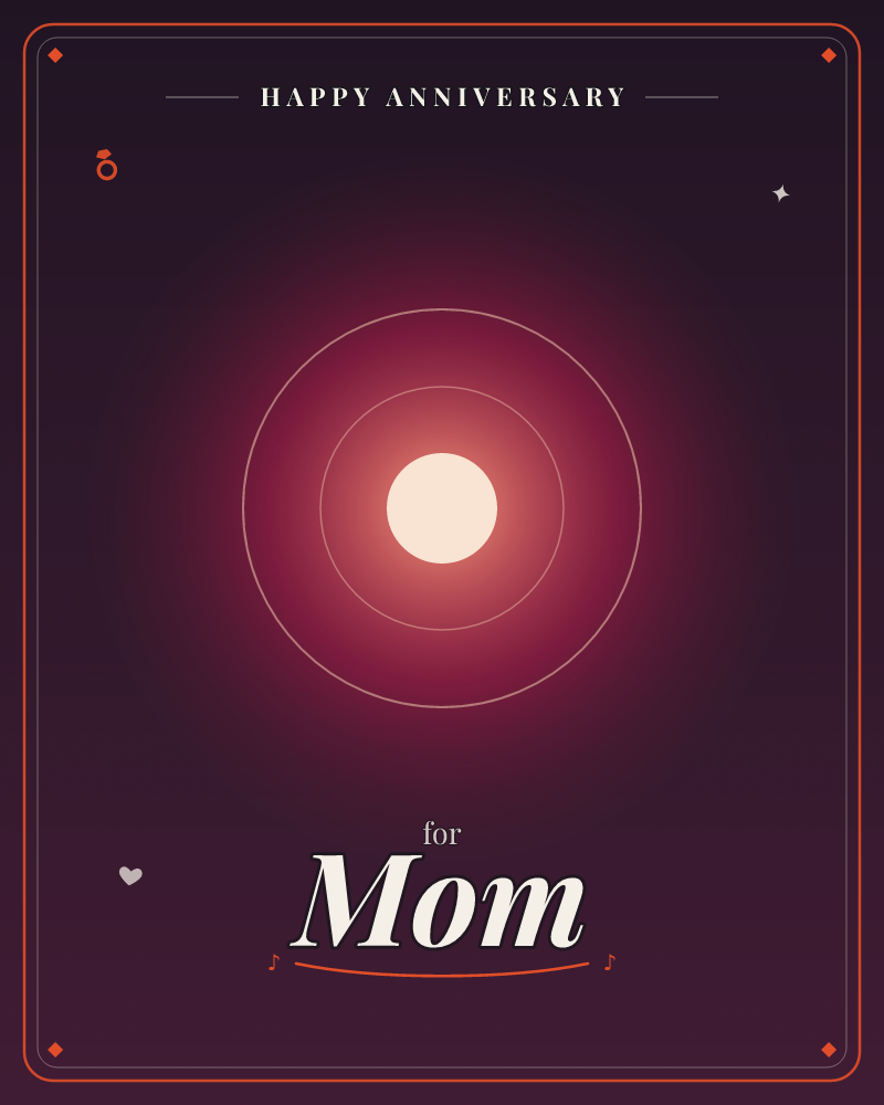 A glowing cream-white orb sits at the centre of two faint concentric rings, radiating a deep crimson-pink light into an almost black background, a anniversary e-card design by @DittyCityTeam