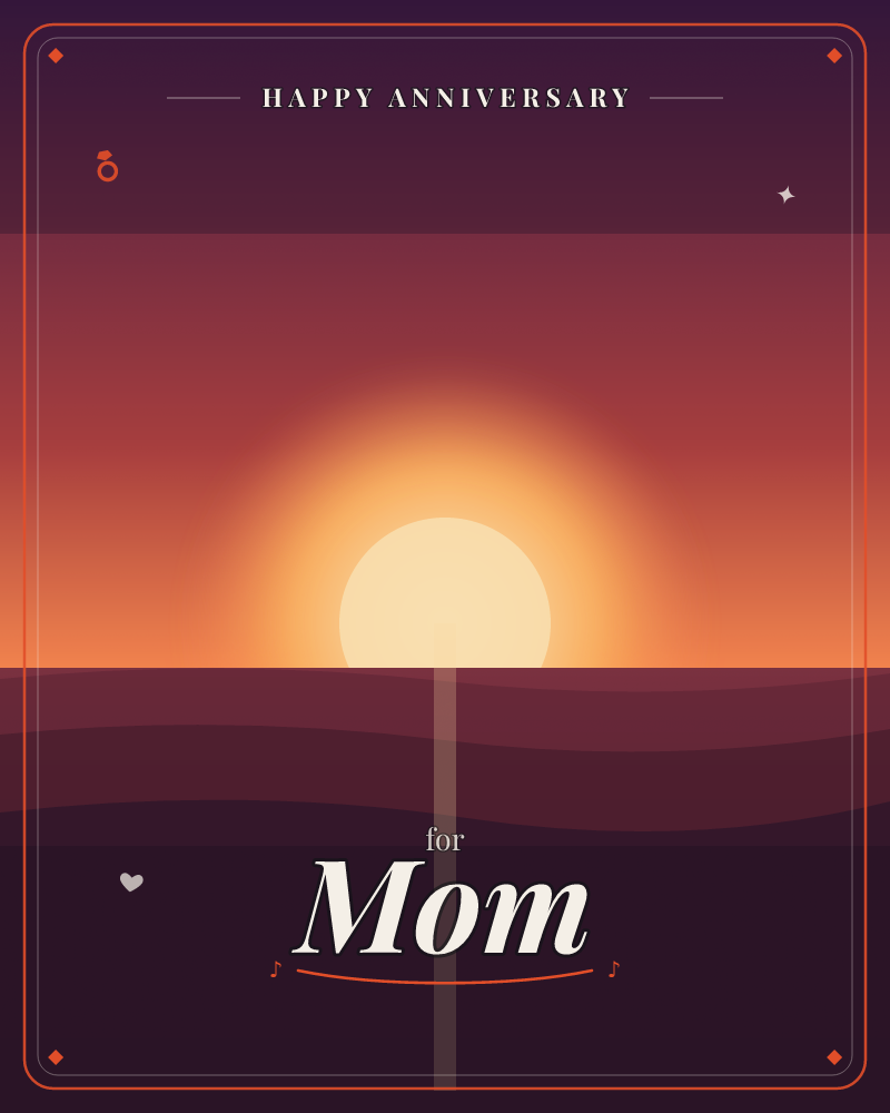 A glowing sun hangs low on a banded horizon, its warm halo bleeding into deep maroon sky above dark rolling hills, a anniversary e-card design by @DittyCityTeam