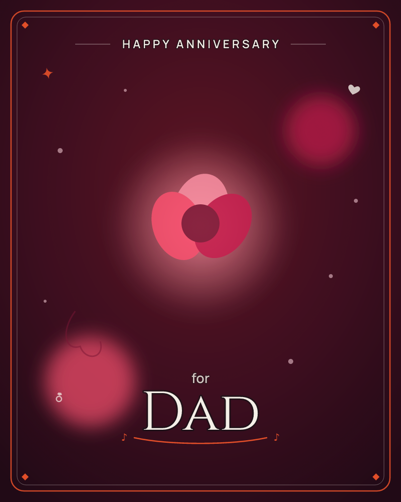 A deep maroon night glows with soft blurred orbs of pink and crimson, while a trio of overlapping circles forms a flower-like shape at the centre…, a anniversary e-card design by @DittyCityTeam