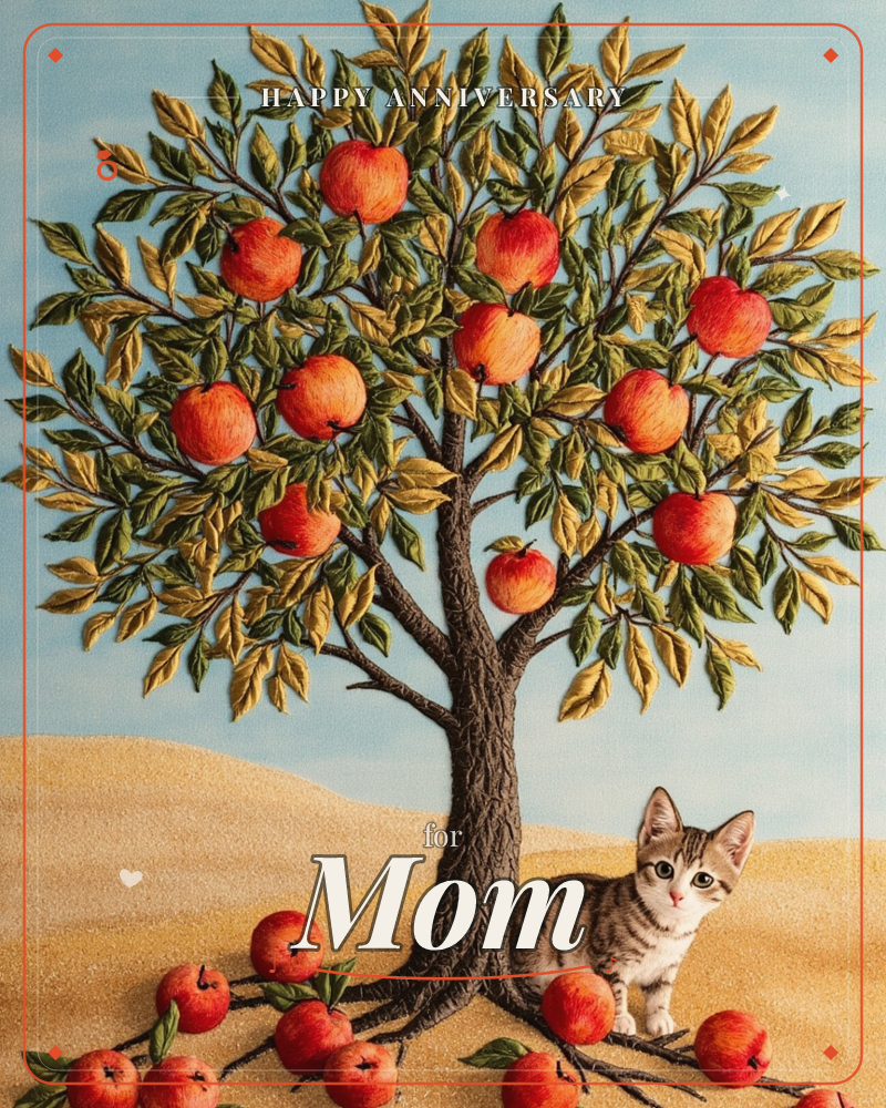 A textured, embroidery-like illustration shows a lone apple tree heavy with red fruit, its golden-green leaves rustling against a pale blue sky, a anniversary e-card design