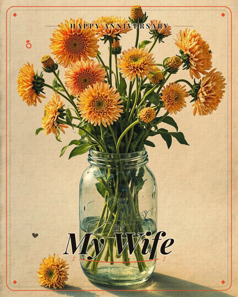 A glass mason jar filled with water holds a loose bunch of orange and gold daisy-like flowers, their green stems visible beneath the surface, a anniversary e-card design
