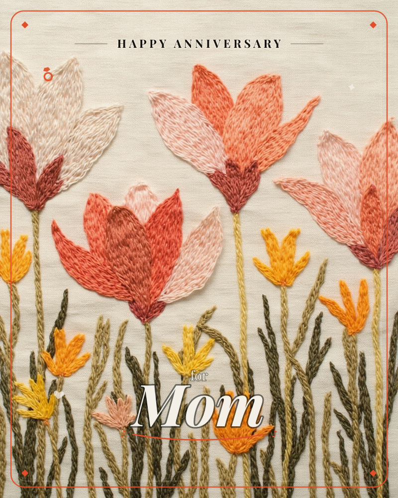 An embroidered garden of tall tulip-like blooms in coral, rust, and blush thread rises above a scattering of smaller orange and gold flowers, all…, a anniversary e-card design