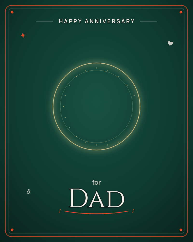 A glowing gold ring hovers against a deep forest-green backdrop, its edge traced with tiny luminous dots like a string of miniature lights, a anniversary e-card design by @DittyCityTeam
