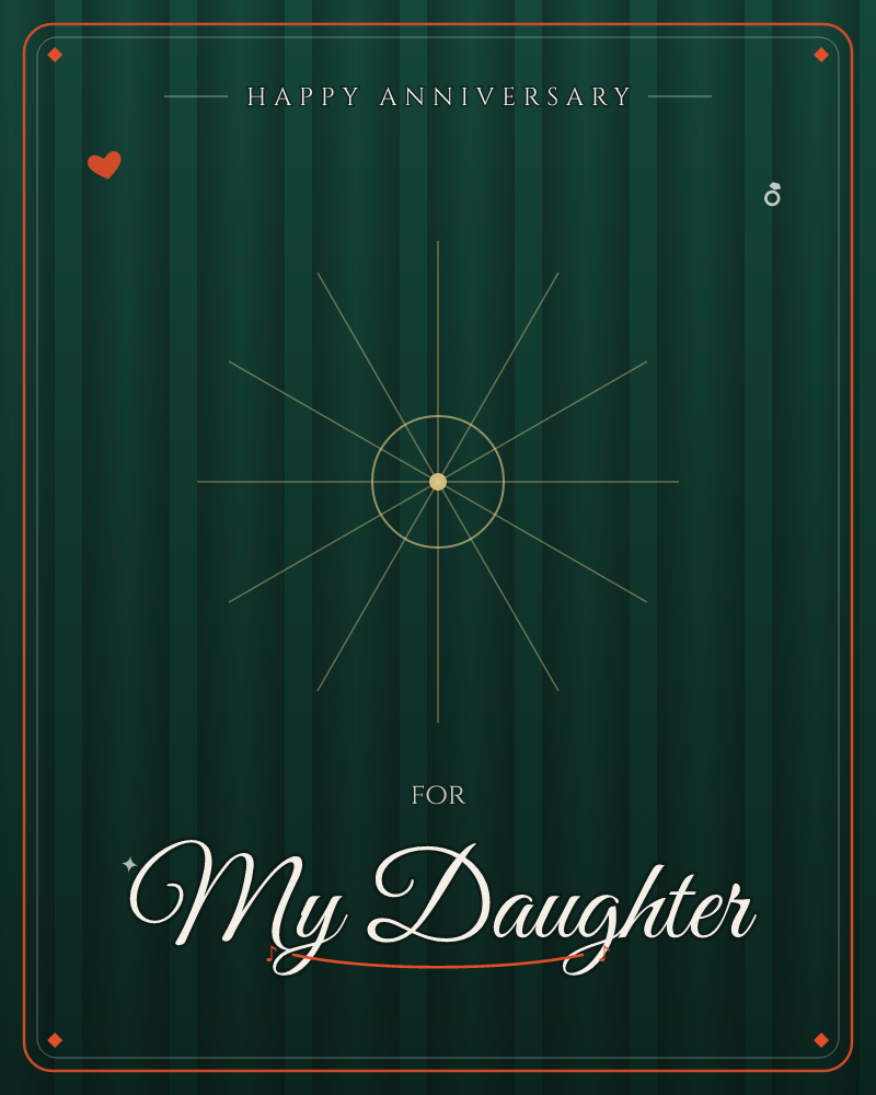 A deep emerald backdrop is textured with soft vertical folds, like fabric or fluted panelling catching low light, a anniversary e-card design by @DittyCityTeam
