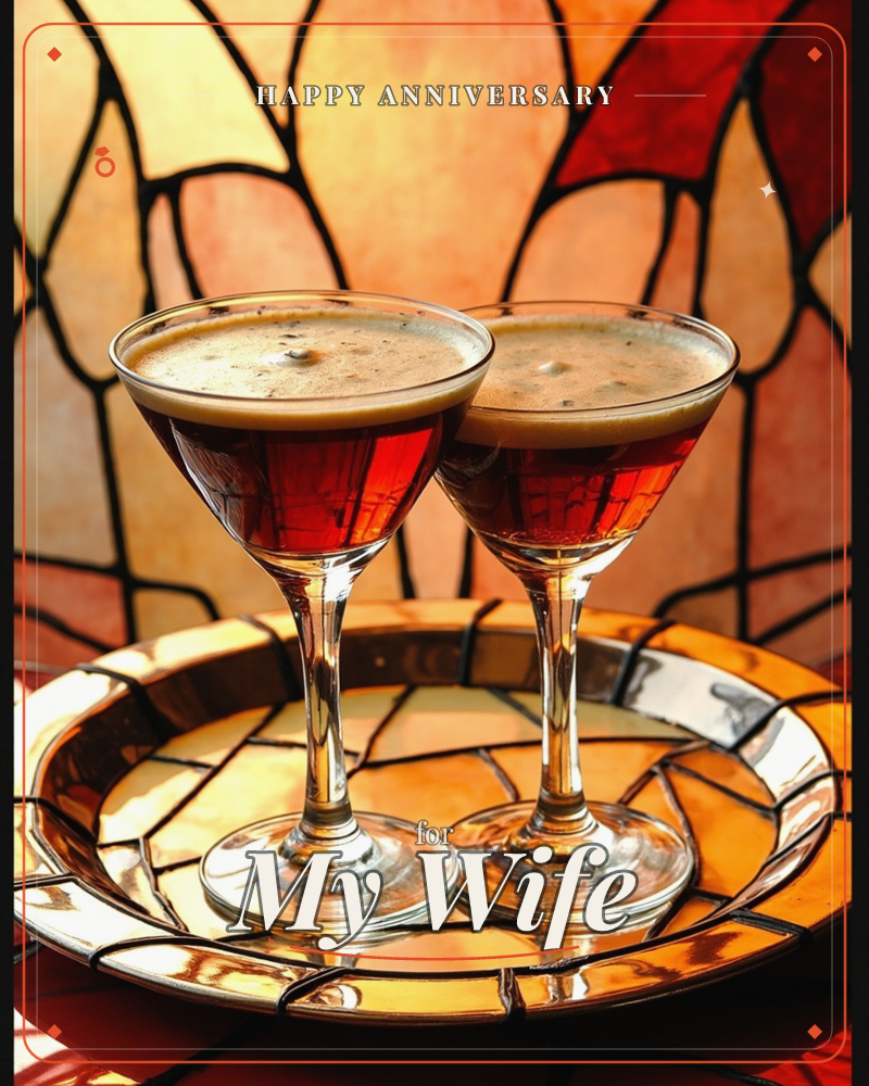 Two coupe glasses of a dark, frothy cocktail sit side by side on a mosaic-tiled tray, backed by a stained-glass panel of amber, red and gold shards, a anniversary e-card design