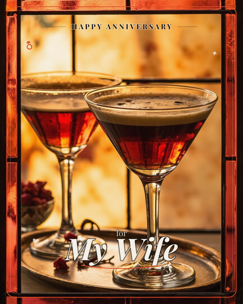 Two martini glasses filled with a deep red, frothy cocktail sit on a dark tray, framed by an amber stained-glass window that glows behind them, a anniversary e-card design