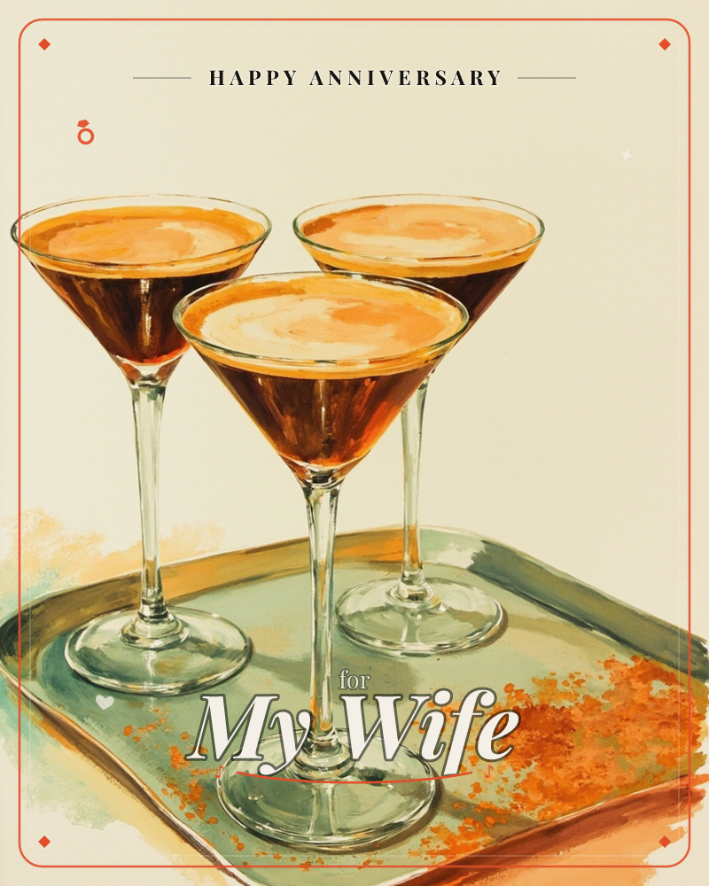 Three espresso martinis sit clustered on a sage-green tray, their glasses catching the light against a warm cream background, a anniversary e-card design