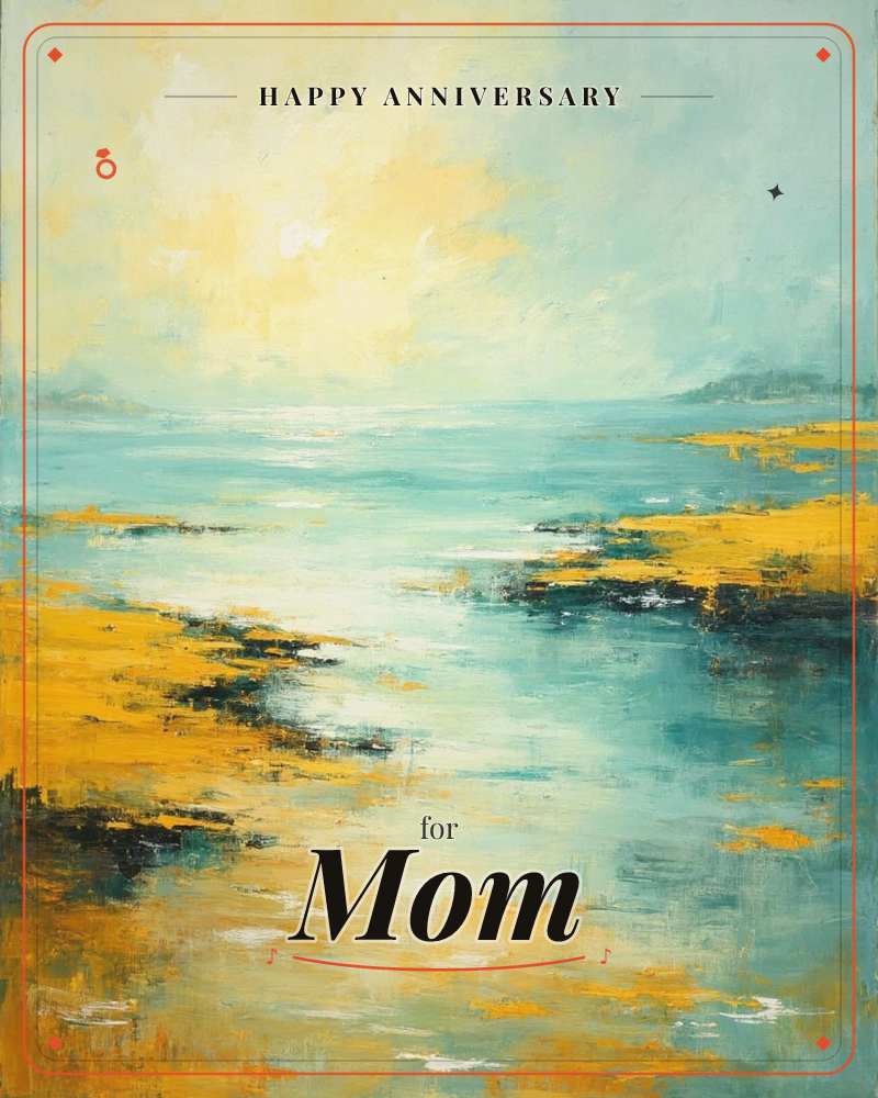 An abstract coastal landscape shows a wide inlet of pale turquoise water cutting between banks of golden marshland, with distant low hills fading into…, a anniversary e-card design