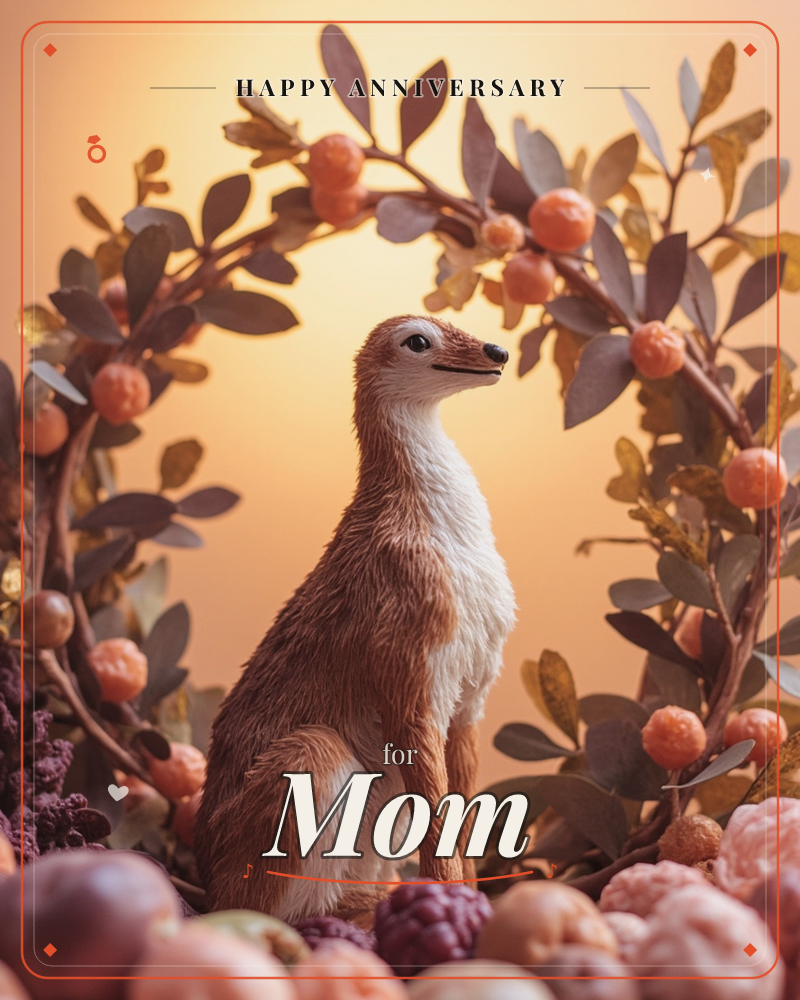 A meerkat sits upright and alert beneath an arched branch of leaves and small orange berries, framed against a soft peach-gold background, a anniversary e-card design