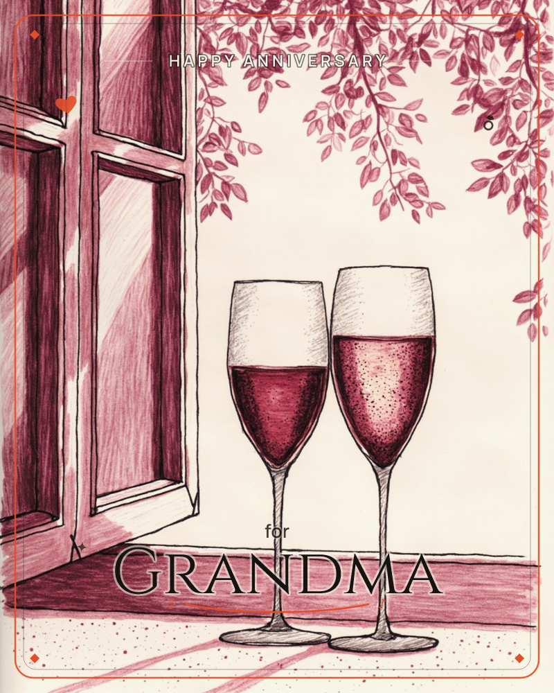 Two glasses of rosé wine stand side by side on a windowsill beside an open shuttered door, with trailing leafy branches sketched overhead in soft pink…, a anniversary e-card design