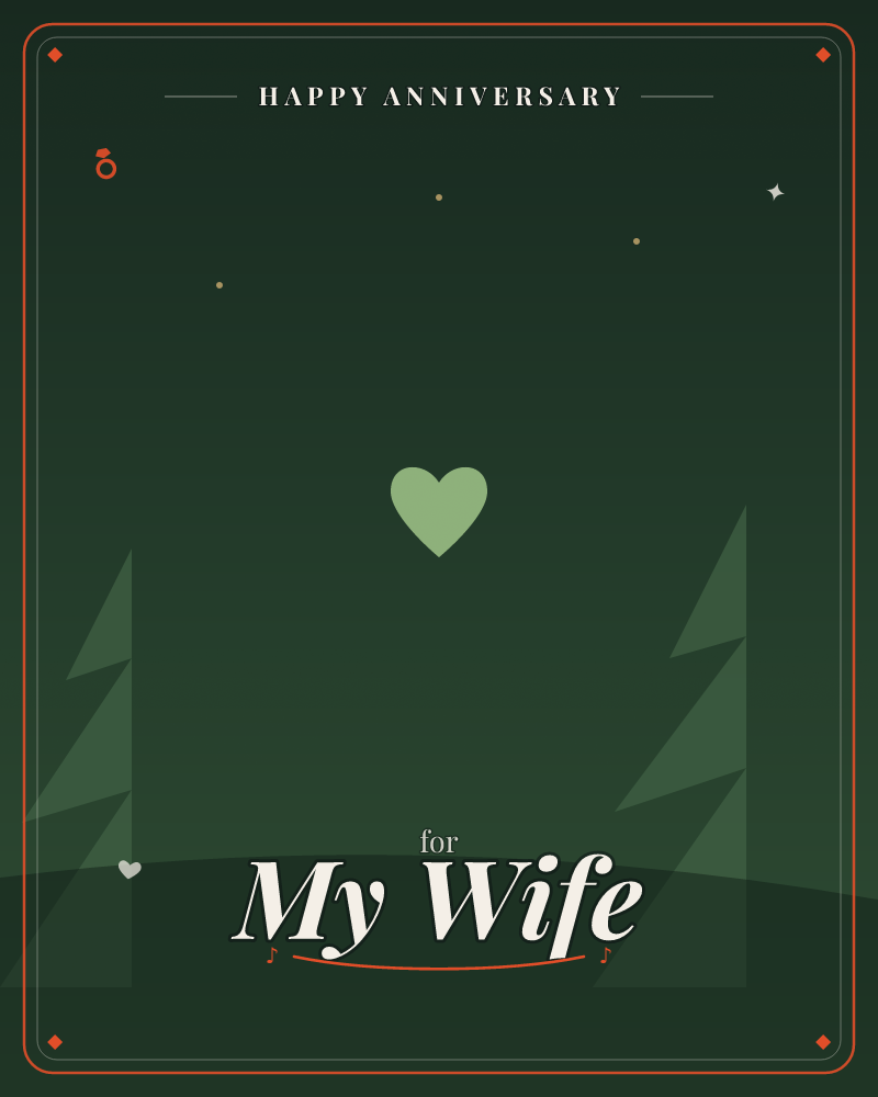 A pale green heart glows softly in a dark forest night, framed by two triangular pine silhouettes rising from a gentle hill, a anniversary e-card design by @DittyCityTeam