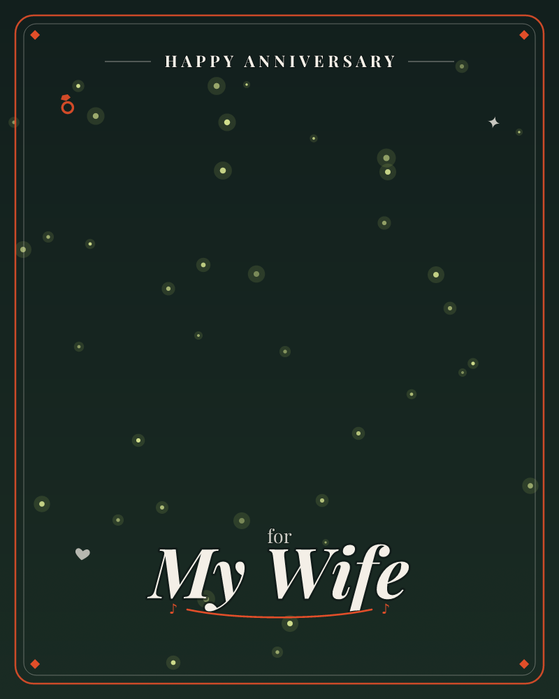 A deep forest-green night glows with scattered soft golden lights, like fireflies drifting through darkness or distant stars caught low in the trees, a anniversary e-card design by @DittyCityTeam