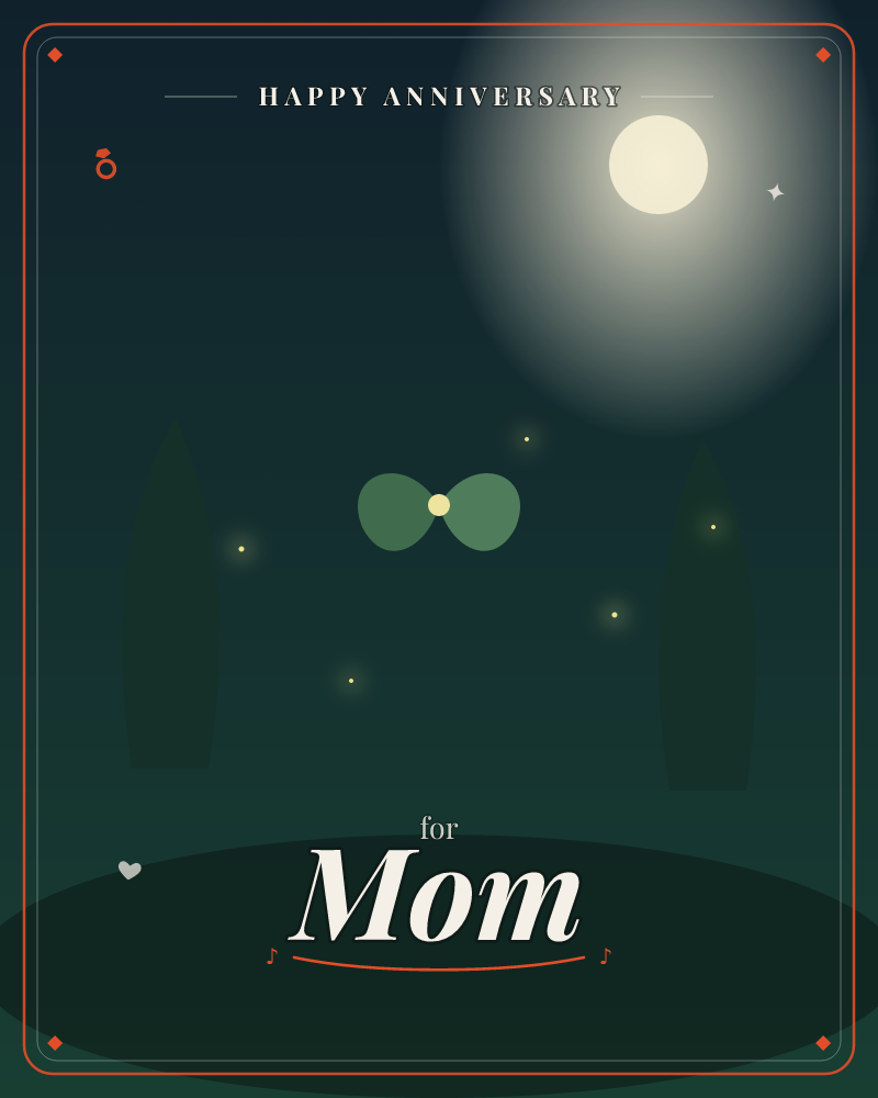 A pale full moon glows above a darkened forest, its light spilling softly over two tall evergreen silhouettes and a low grassy rise, a anniversary e-card design by @DittyCityTeam