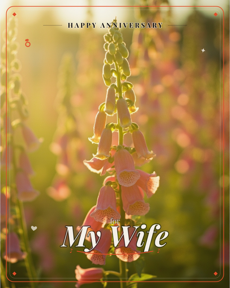 A close-up photograph of a foxglove spire, its speckled pink bell-shaped blooms climbing the stalk and catching golden late-day sunlight, a anniversary e-card design