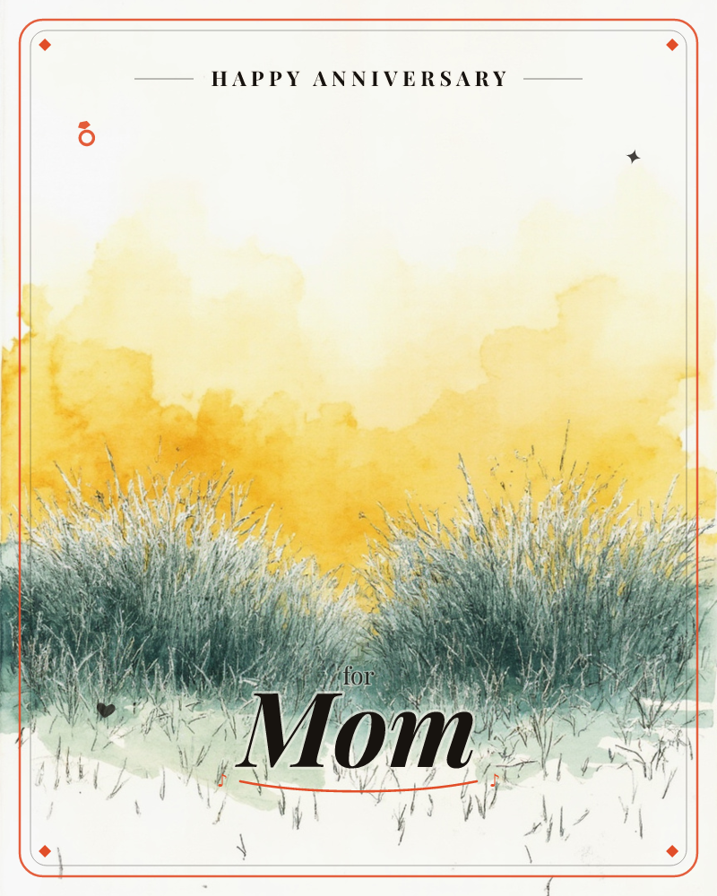 A watercolour landscape shows tufts of dark, wispy grass rendered in fine ink lines against a glowing golden-yellow sky, a anniversary e-card design