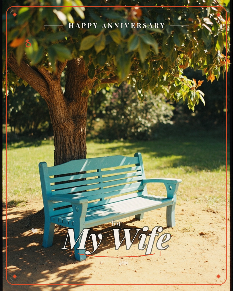 A weathered turquoise wooden bench sits empty beneath the shade of a large tree, its dappled sunlight falling across the slats in soft stripes, a anniversary e-card design