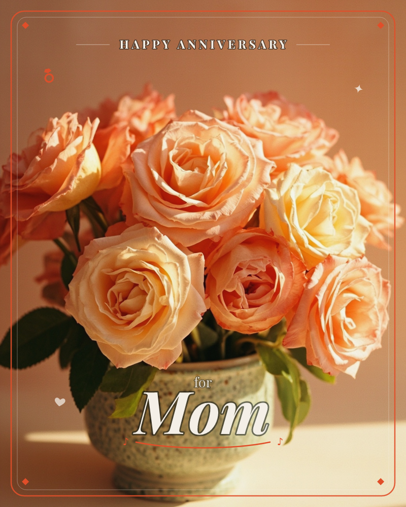 A generous bunch of peach and cream roses sits full-bloom in a speckled stoneware vase, warm afternoon light raking across the petals and casting soft…, a anniversary e-card design