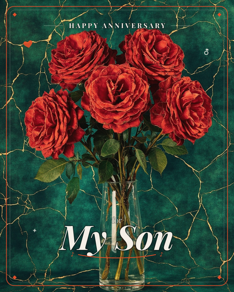 Five deep red roses stand full-bloomed in a clear glass vase, their stems visible through the water, a anniversary e-card design