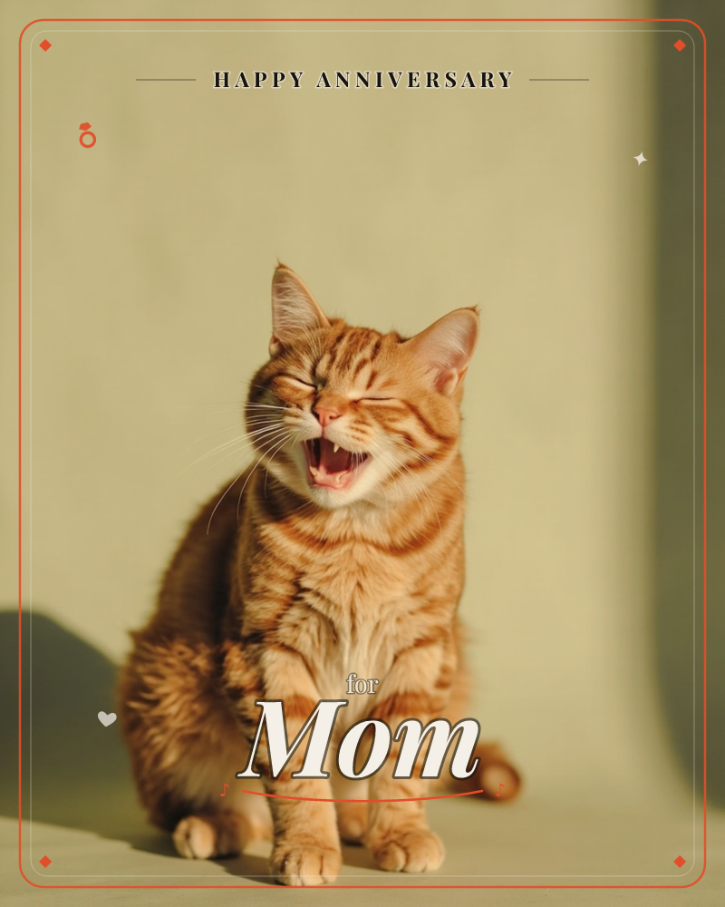 A ginger tabby cat sits against a plain sage-green wall, caught mid-yawn with eyes squeezed shut and mouth wide open, a anniversary e-card design