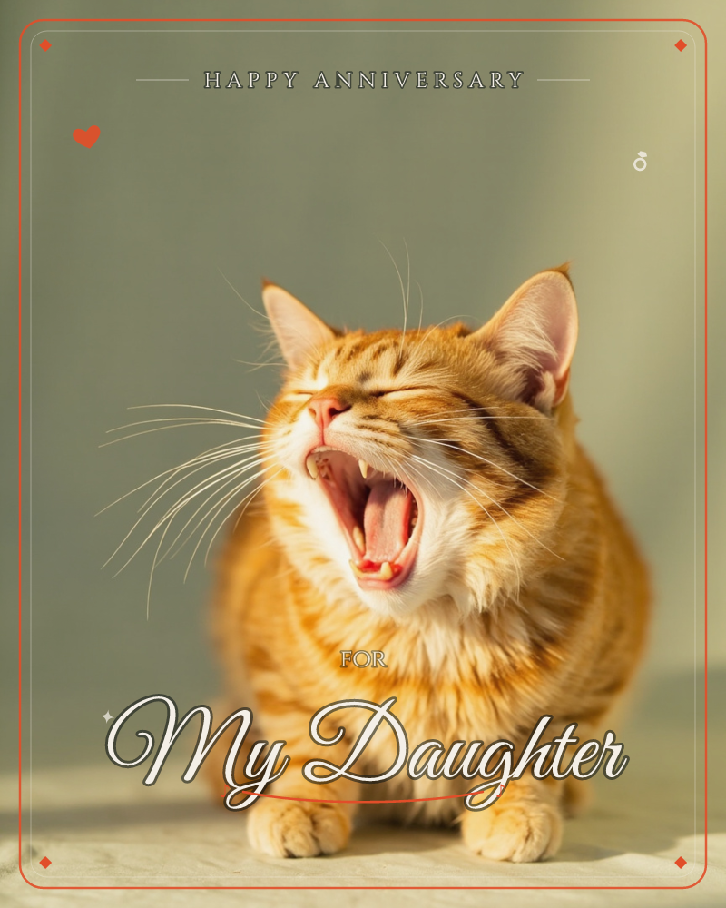 An orange tabby cat sits in a warm shaft of light, eyes shut and mouth wide open in a mid-yawn, a anniversary e-card design