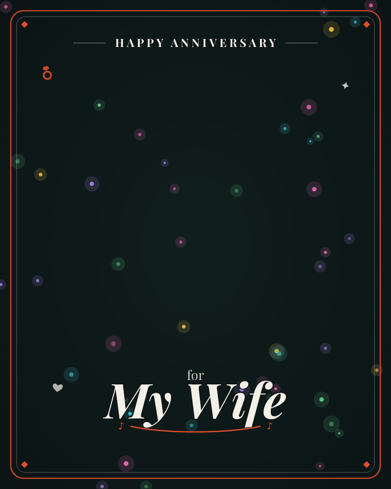 A deep, almost-black green field is scattered with softly glowing dots in emerald, violet, teal, gold, and pink, like scattered embers or distant…, a anniversary e-card design by @DittyCityTeam