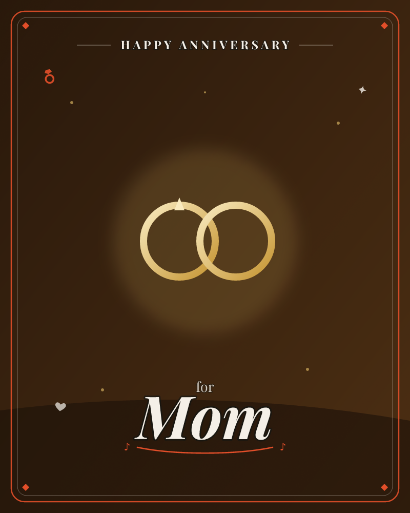 Two interlocked gold rings glow against a deep brown night sky, haloed in soft amber light, a anniversary e-card design by @DittyCityTeam