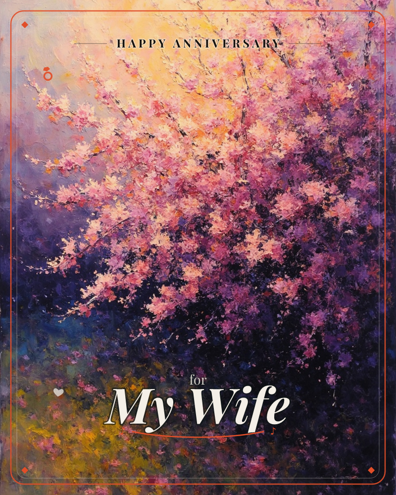 A cherry blossom tree spills across the canvas in thick, textured strokes of pink and rose, its dark branches silhouetted against a glowing sky of gold…, a anniversary e-card design