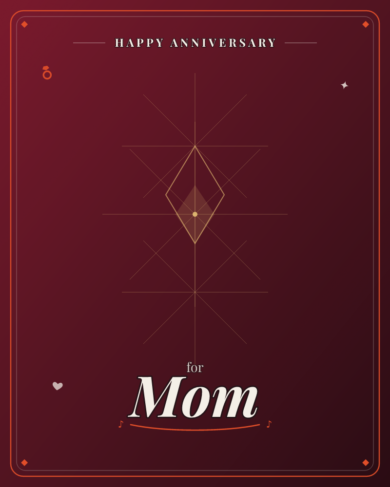 A minimalist geometric emblem glows at the center of a deep burgundy card, formed from thin gold lines crossing into a compass-like star with a diamond…, a anniversary e-card design by @DittyCityTeam