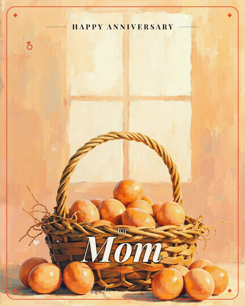 A woven wicker basket sits piled high with plump oranges in front of a paned window, its warm light washing the wall in soft peach and cream, a anniversary e-card design
