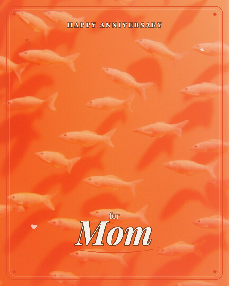 A school of small fish drifts across a saturated orange background, each body casting a soft darker shadow behind it as if lit from a low angle, a anniversary e-card design