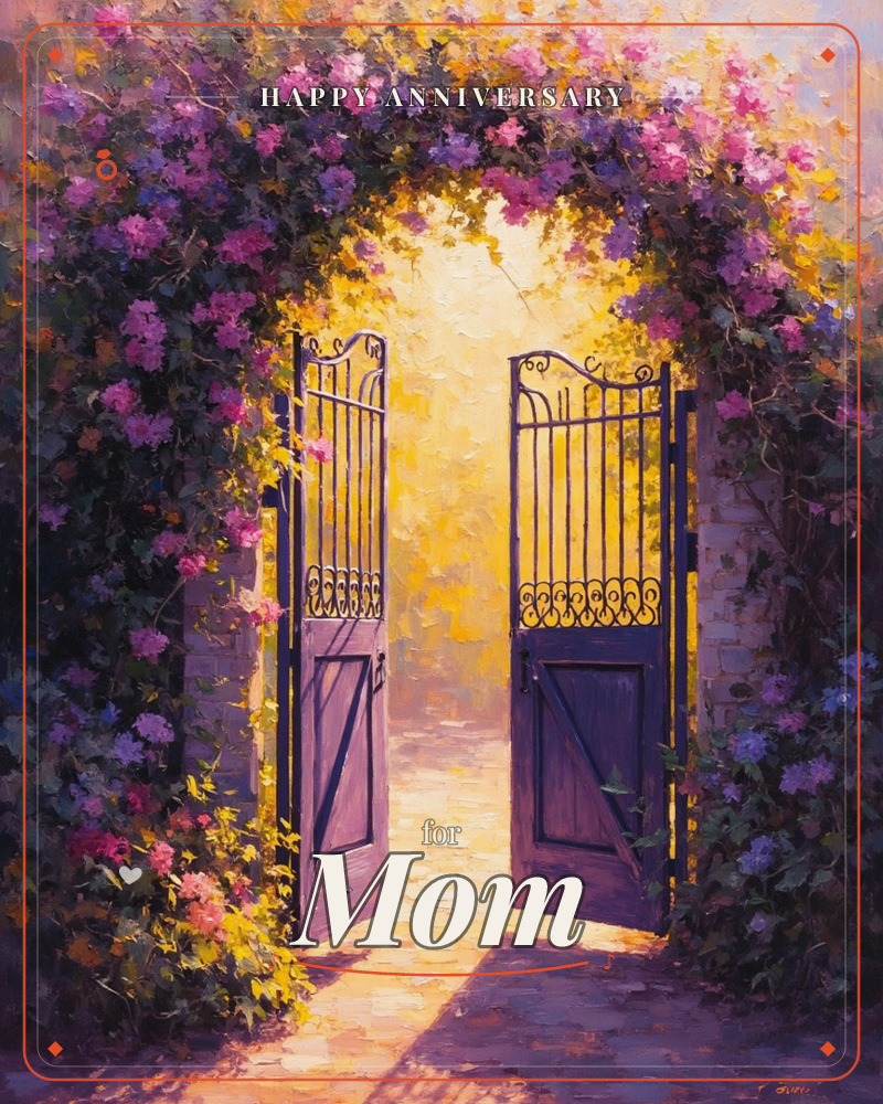 An open wrought-iron garden gate stands beneath a thick archway of climbing pink and purple blossoms, sunlight pouring through in a golden haze beyond, a anniversary e-card design