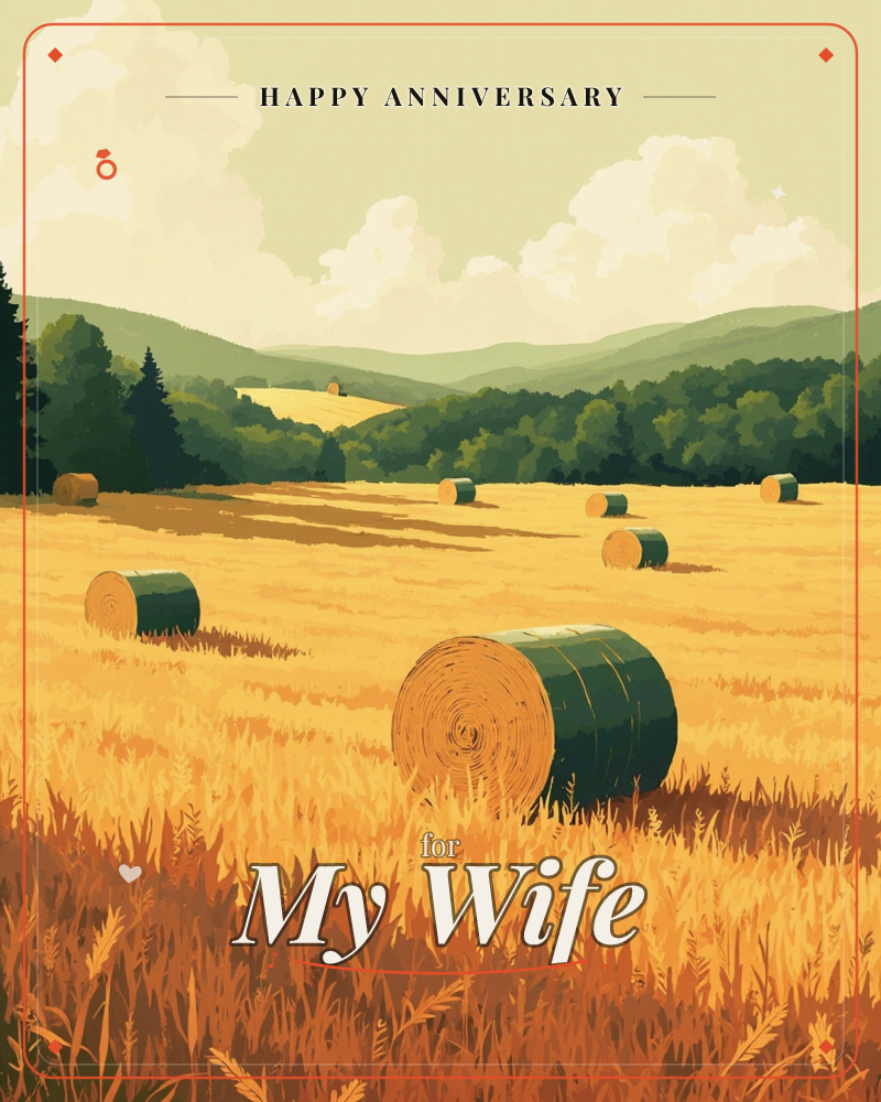 A golden harvest field is scattered with round hay bales, their edges glowing amber under a soft cream sky, a anniversary e-card design