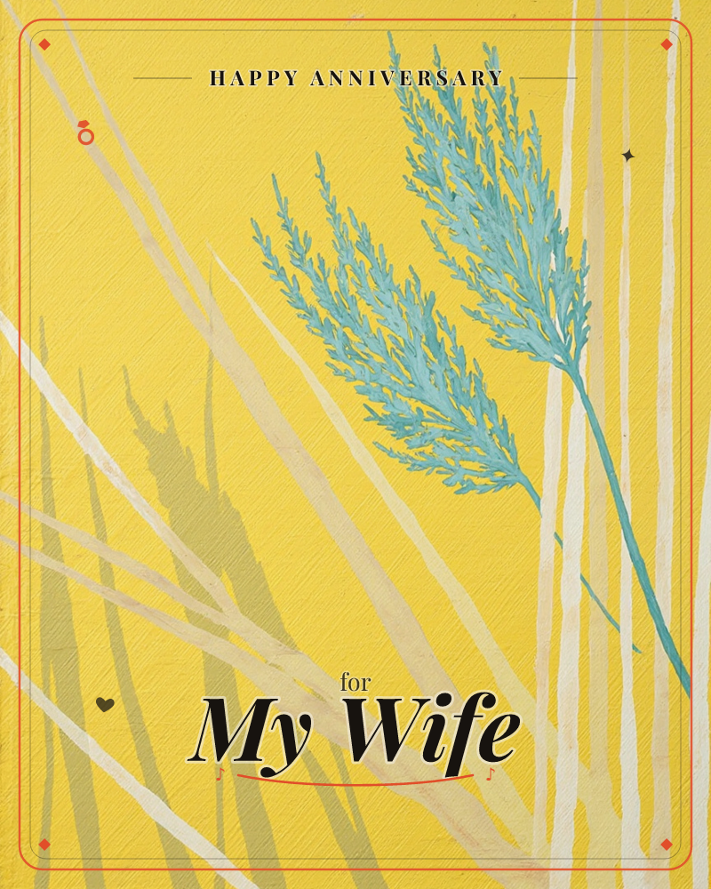 A bright mustard-yellow background is crossed by tall pale grass blades and their soft shadow, with two feathery teal seed-heads rising through the centre, a anniversary e-card design