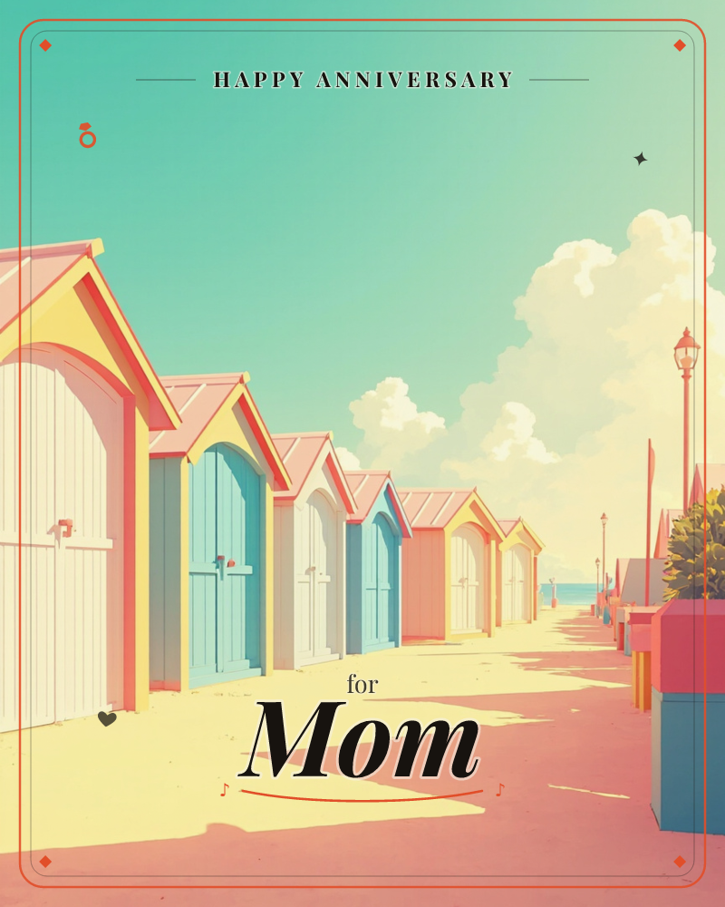 A row of pastel-coloured beach huts with arched doors stretches along a sandy path under a soft turquoise sky, a anniversary e-card design