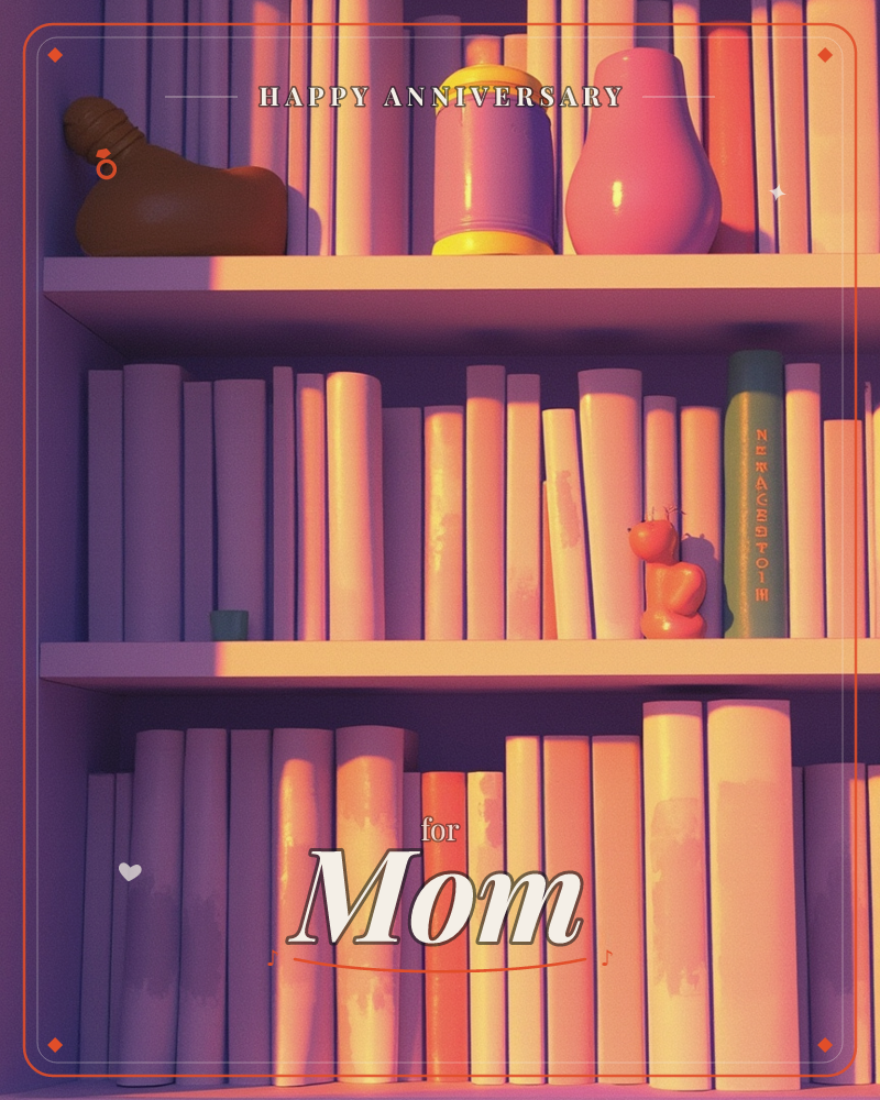 A 3D-rendered bookshelf glows in warm lilac and peach light, its unmarked spines lined up like soldiers across three tiers, a anniversary e-card design