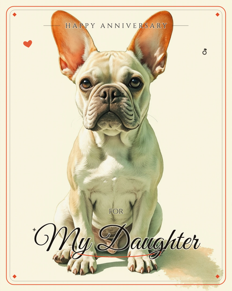 A French bulldog sits squarely facing forward, ears pricked tall and alert, against a glowing cream backdrop that fades to dark shadow at the edges, a anniversary e-card design