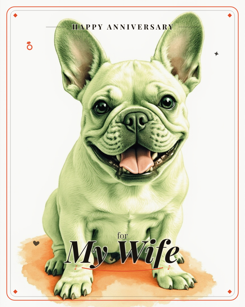 A French bulldog rendered entirely in soft mint green sits front and centre, tongue out and grinning, big bat ears standing tall, a anniversary e-card design