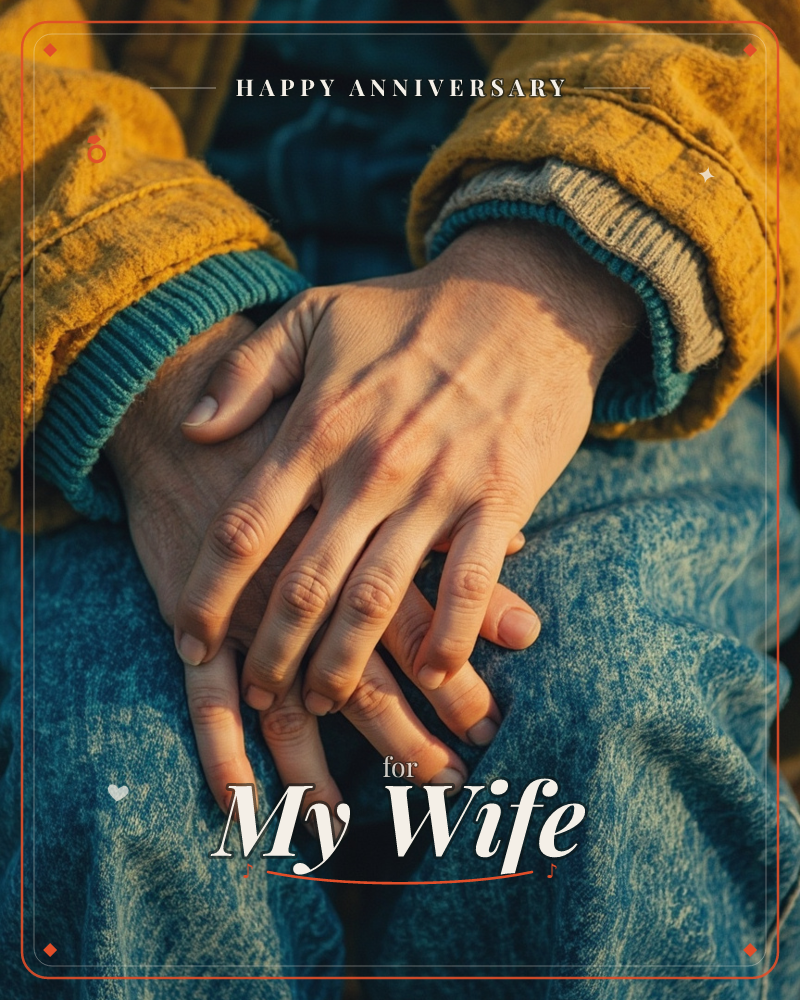 A close-up shows a person's clasped hands resting on denim-covered knees, sleeves of a mustard corduroy jacket over a teal knit sweater bunched at the…, a anniversary e-card design