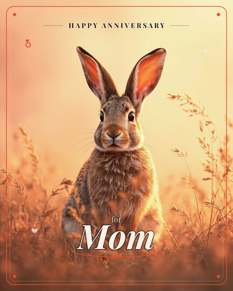 A wild rabbit sits upright among tall dry grasses, ears raised and glowing amber where the low sun shines through them, a anniversary e-card design