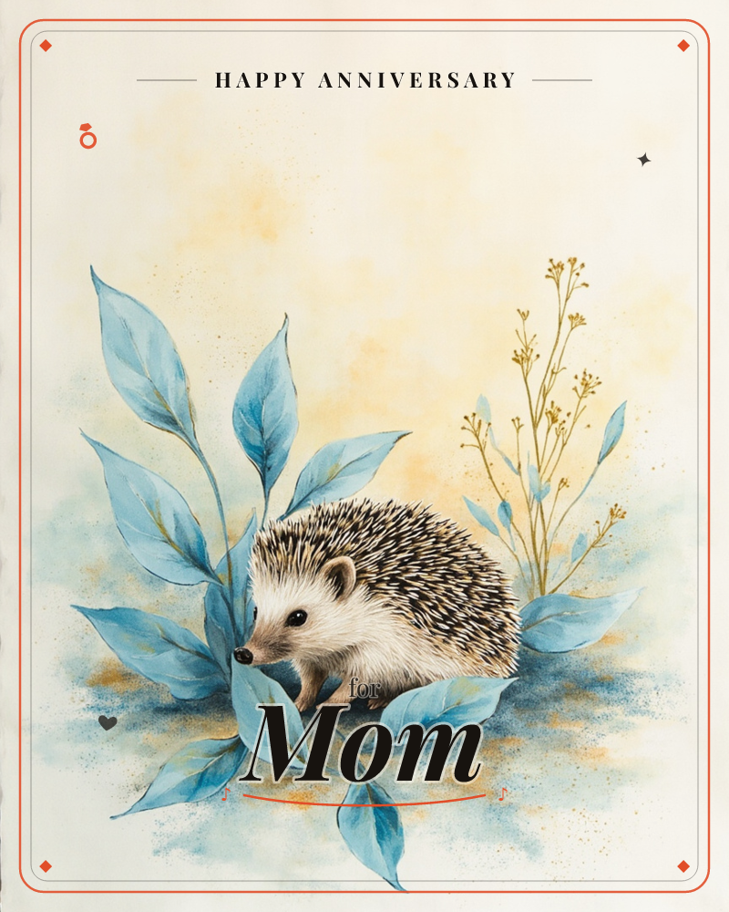 A small hedgehog peers out from a nest of dusty blue leaves and slender golden sprigs, set against a soft cream background washed with pale amber light, a anniversary e-card design
