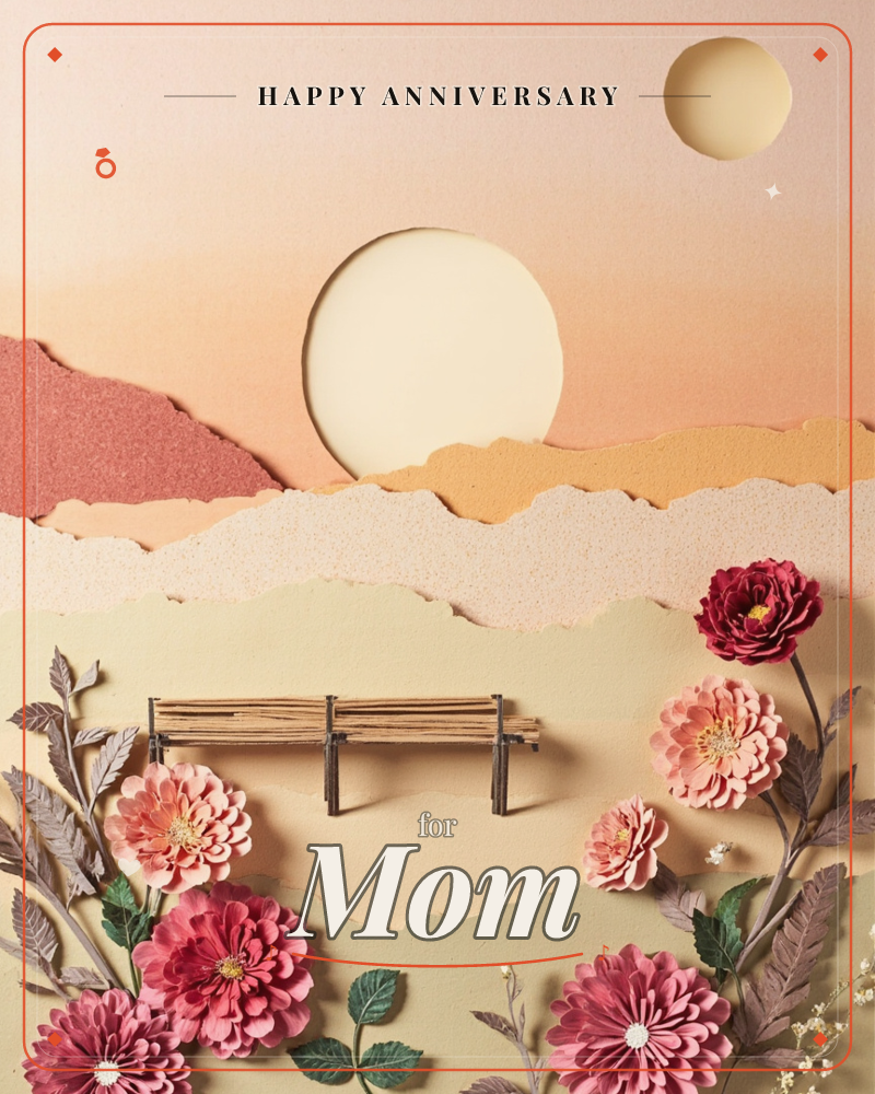 A paper-cut landscape shows a small wooden bench set against torn-paper hills and a soft peach sunset with two pale moons hovering above, a anniversary e-card design