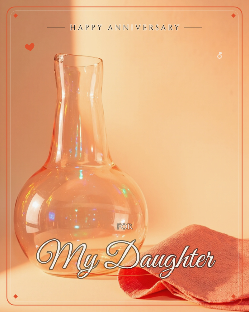 A round-bellied glass carafe stands on a peach-toned surface, sunlight raking across it and scattering tiny rainbow flecks inside the glass, a anniversary e-card design
