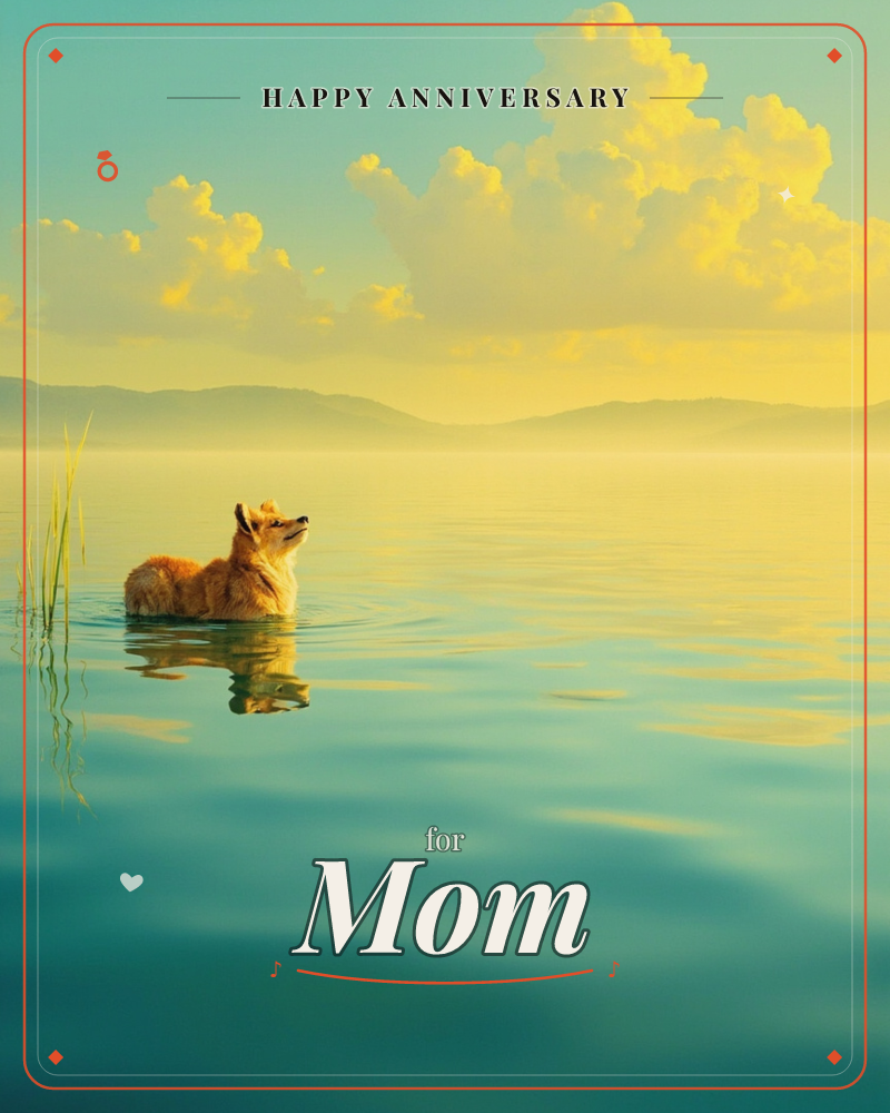 A corgi wades chest-deep into a glassy lake at sunrise, muzzle lifted toward billowing golden clouds, a anniversary e-card design